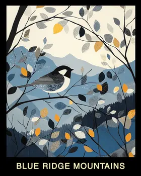 Folk Art Chickadee - Blue Ridge Mountains Souvenir Home Decor Wall Art Prints – 8″x10″ Artwork – 11″x14″ Mat