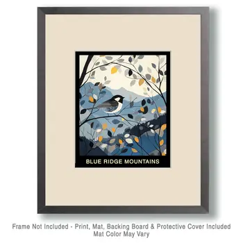 Folk Art Chickadee - Blue Ridge Mountains Souvenir Home Decor Wall Art Prints – 8″x10″ Artwork – 11″x14″ Mat