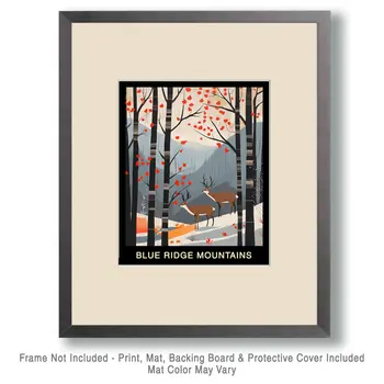 Folk Art Deer - Blue Ridge Mountains Souvenir Home Decor Wall Art Prints – 8″x10″ Artwork – 11″x14″ Mat