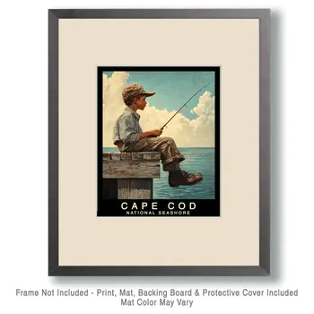 Boy Fishing - Cape Cod Souvenir Home Decor Wall Art Prints – 8″x10″ Artwork – 11″x14″ Mat