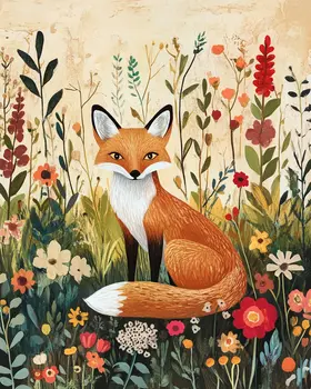 Folk Art Red Fox - Rustic Farmhouse Decor  8"x10" Artwork - 11"x14" Mat