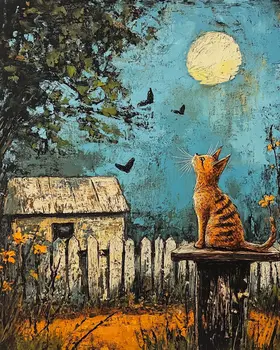 Folk Art Tabby Cat at Night - Rustic Farmhouse Decor  8"x10" Artwork for 11"x14" Frame