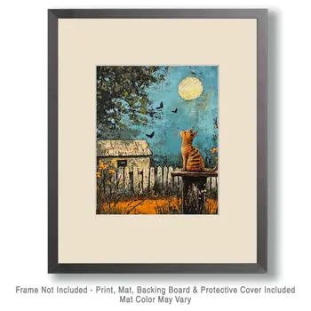 Folk Art Tabby Cat at Night - Rustic Farmhouse Decor  8"x10" Artwork for 11"x14" Frame
