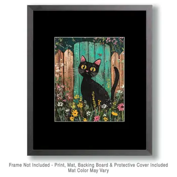 Folk Art Backyard Black Cat - Rustic Farmhouse Decor  8"x10" Artwork for 11"x14" Frame