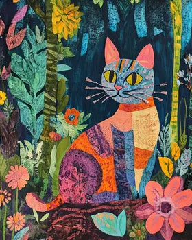 Folk Art Calico Cat - Rustic Farmhouse Decor  8"x10" Artwork for 11"x14" Frame