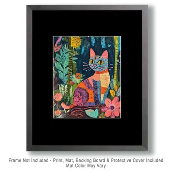 Folk Art Calico Cat - Rustic Farmhouse Decor  8"x10" Artwork for 11"x14" Frame