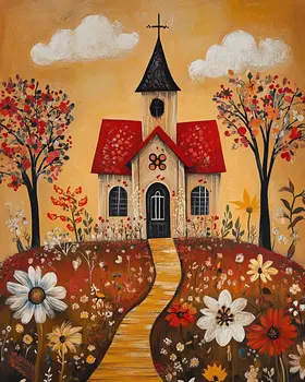 Folk Art Church and Flowers - Rustic Farmhouse Decor  8"x10" Artwork for 11"x14" Frame