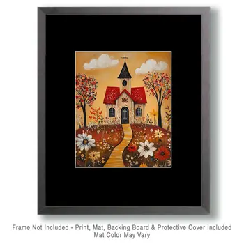 Folk Art Church and Flowers - Rustic Farmhouse Decor  8"x10" Artwork for 11"x14" Frame