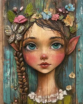Folk Art Young Fairy - Rustic Farmhouse Decor  8"x10" Artwork for 11"x14" Frame