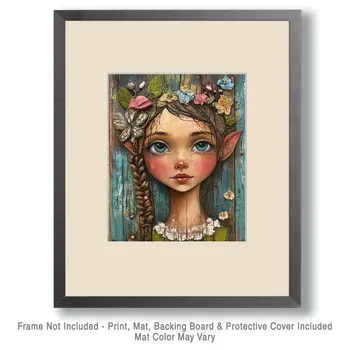 Folk Art Young Fairy - Rustic Farmhouse Decor  8"x10" Artwork for 11"x14" Frame