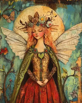 Folk Art Fairy Princess - Rustic Farmhouse Decor  8"x10" Artwork for 11"x14" Frame
