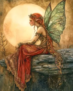 Folk Art Full Moon Fairy - Rustic Farmhouse Decor  8"x10" Artwork for 11"x14" Frame