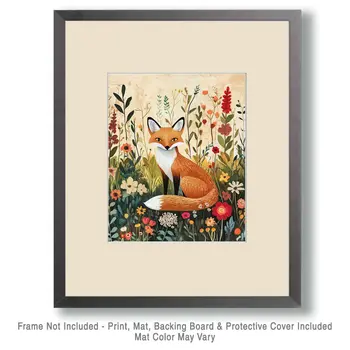 Folk Art Red Fox - Rustic Farmhouse Decor  8"x10" Artwork - 11"x14" Mat