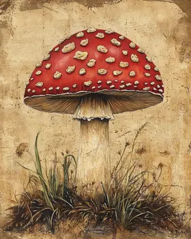Folk Art Amanita Mushroom - Rustic Farmhouse Decor  8"x10" Artwork - 11"x14" Mat