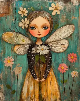 Folk Art Floral Fairy - Rustic Farmhouse Decor  8"x10" Artwork for 11"x14" Frame