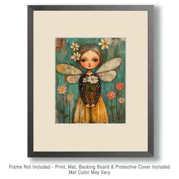 Folk Art Floral Fairy - Rustic Farmhouse Decor  8"x10" Artwork for 11"x14" Frame