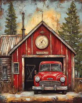 Folk Art Small Town Firehouse - Rustic Farmhouse Decor  8"x10" Artwork for 11"x14" Frame