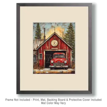Folk Art Small Town Firehouse - Rustic Farmhouse Decor  8"x10" Artwork for 11"x14" Frame