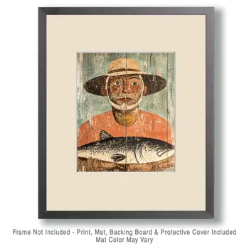 Folk Art Norwegian Fisherman - Rustic Farmhouse Decor  8"x10" Artwork for 11"x14" Frame