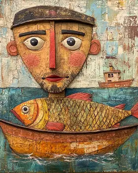 Folk Art Commercial Fisherman - Rustic Farmhouse Decor  8"x10" Artwork for 11"x14" Frame