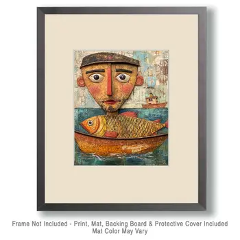 Folk Art Commercial Fisherman - Rustic Farmhouse Decor  8"x10" Artwork for 11"x14" Frame