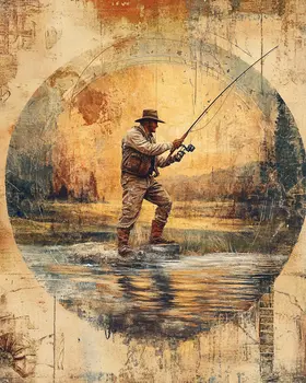 Folk Art Fly Fisherman Circle - Rustic Farmhouse Decor  8"x10" Artwork for 11"x14" Frame