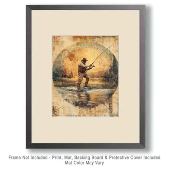 Folk Art Fly Fisherman Circle - Rustic Farmhouse Decor  8"x10" Artwork for 11"x14" Frame