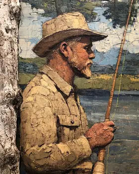 Folk Art Old Fly Fisherman - Rustic Farmhouse Decor  8"x10" Artwork for 11"x14" Frame