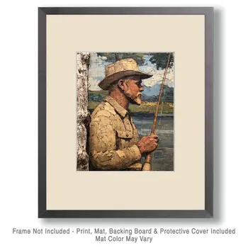 Folk Art Old Fly Fisherman - Rustic Farmhouse Decor  8"x10" Artwork for 11"x14" Frame