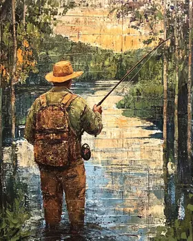 Folk Art Fly Fisherman - Rustic Farmhouse Decor  8"x10" Artwork for 11"x14" Frame
