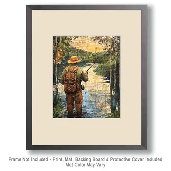 Folk Art Fly Fisherman - Rustic Farmhouse Decor  8"x10" Artwork for 11"x14" Frame