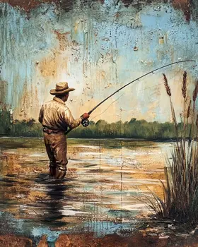 Folk Art Morning Fly Fishing - Rustic Farmhouse Decor  8"x10" Artwork for 11"x14" Frame