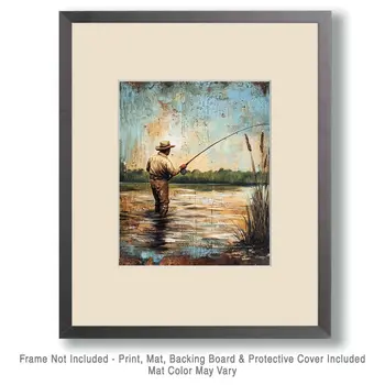 Folk Art Morning Fly Fishing - Rustic Farmhouse Decor  8"x10" Artwork for 11"x14" Frame