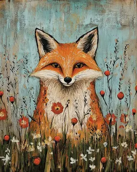 Folk Art Red Fox - Rustic Farmhouse Decor  8"x10" Artwork for 11"x14" Frame