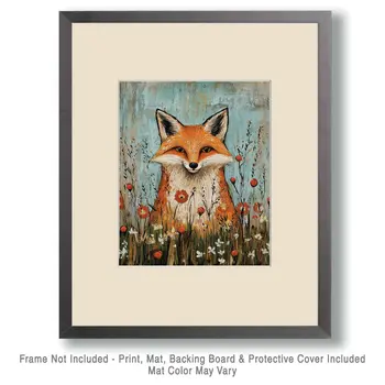 Folk Art Red Fox - Rustic Farmhouse Decor  8"x10" Artwork for 11"x14" Frame