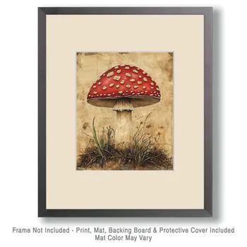 Folk Art Amanita Mushroom - Rustic Farmhouse Decor  8"x10" Artwork - 11"x14" Mat