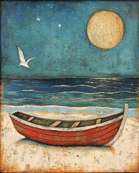 Folk Art Boat at Night - Rustic Farmhouse Decor  8"x10" Artwork - 11"x14" Mat