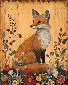 Folk Art Fine Red Fox - Rustic Farmhouse Decor  8"x10" Artwork for 11"x14" Frame
