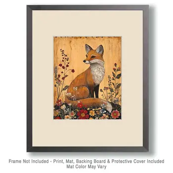 Folk Art Fine Red Fox - Rustic Farmhouse Decor  8"x10" Artwork for 11"x14" Frame