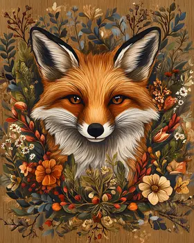 Folk Art Floral Red Fox - Rustic Farmhouse Decor  8"x10" Artwork for 11"x14" Frame