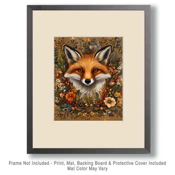 Folk Art Floral Red Fox - Rustic Farmhouse Decor  8"x10" Artwork for 11"x14" Frame