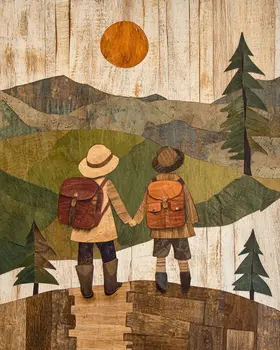 Folk Art Couple Hiking - Rustic Farmhouse Decor  8"x10" Artwork for 11"x14" Frame