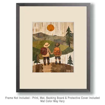 Folk Art Couple Hiking - Rustic Farmhouse Decor  8"x10" Artwork for 11"x14" Frame