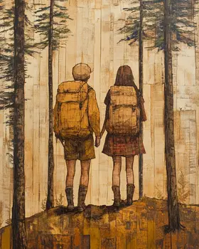Folk Art Loving Couple Hiking - Rustic Farmhouse Decor  8"x10" Artwork for 11"x14" Frame