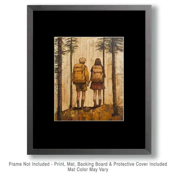 Folk Art Loving Couple Hiking - Rustic Farmhouse Decor  8"x10" Artwork for 11"x14" Frame