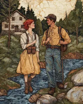 Folk Art Young Couple Hiking - Rustic Farmhouse Decor  8"x10" Artwork for 11"x14" Frame