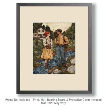 Folk Art Young Couple Hiking - Rustic Farmhouse Decor  8"x10" Artwork for 11"x14" Frame