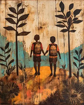 Folk Art Friends Hiking - Rustic Farmhouse Decor  8"x10" Artwork for 11"x14" Frame