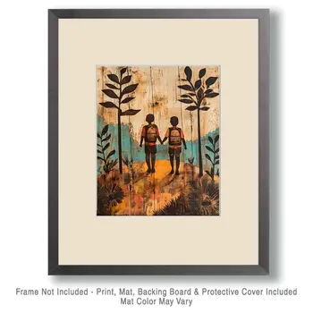 Folk Art Friends Hiking - Rustic Farmhouse Decor  8"x10" Artwork for 11"x14" Frame