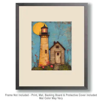 Folk Art Full Moon Lighthouse - Rustic Farmhouse Decor  8"x10" Artwork for 11"x14" Frame